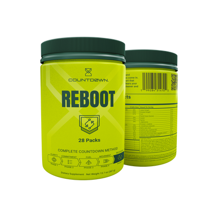Yellow supplement container labeled 'Reboot' with black lid on a white background